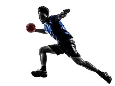 one caucasian young man exercising handball player in silhouette studio  on white background
