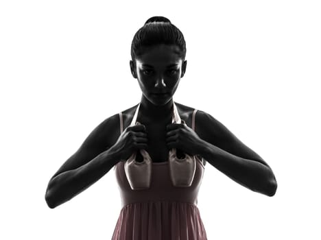 one woman ballerina ballet dancer dancing holding shoes in silhouette on white background
