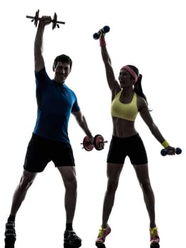 one  woman exercising fitness workout with man coach in silhouette  on white background