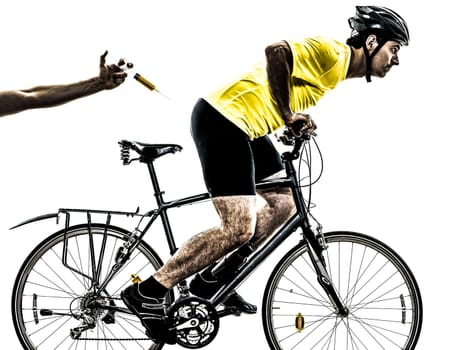 one caucasian man exercising doping sport concept    on white background