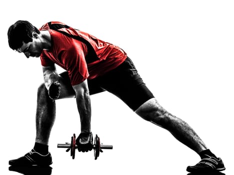 one caucasian man exercising weight training   on white background