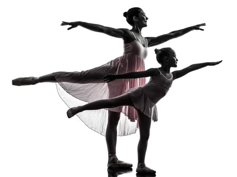 woman and  little girl   ballerina ballet dancer dancing in silhouette on white background