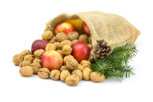 Burlap sack full of whole walnuts and apples