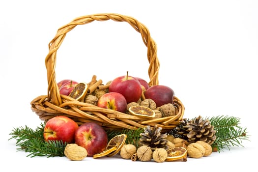 basket full of apples, nuts, cinnamon