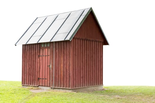 Wooden building with locked doors over a white background