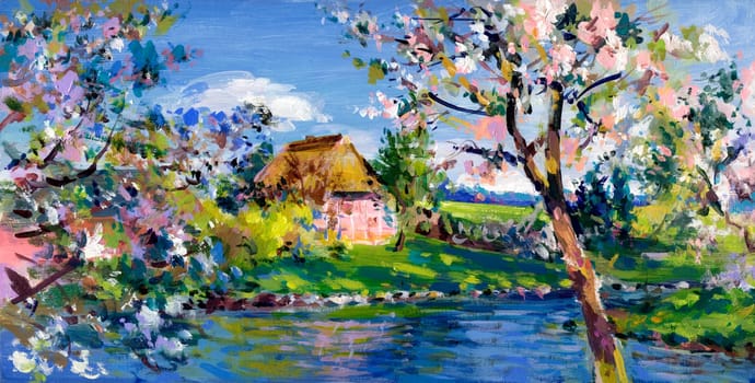 Tree blossom in the Altes Land,painted on wooden board - acrylic paints