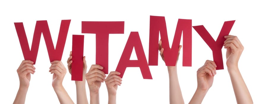 Many Hands Holding the polish Word Witamy Which Means Welcome, Isolated