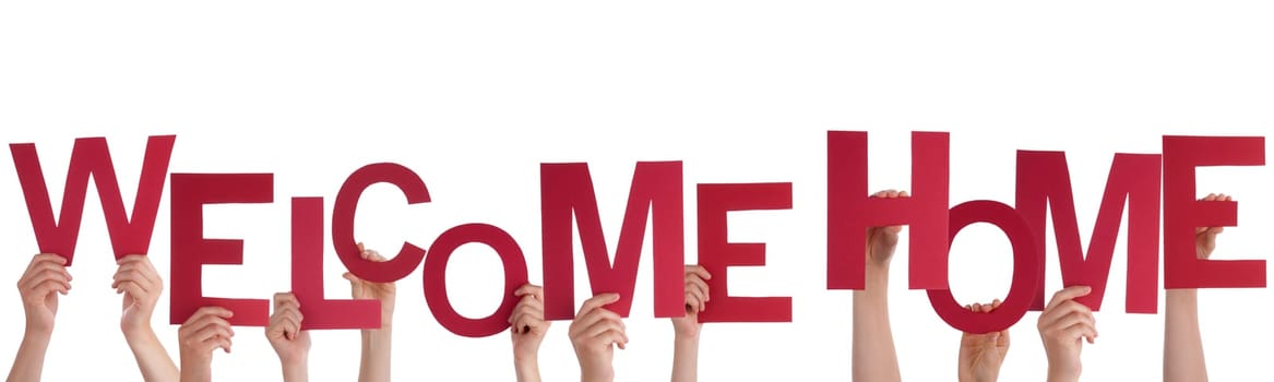 Many People Holding a Red Welcome Home, Isolated