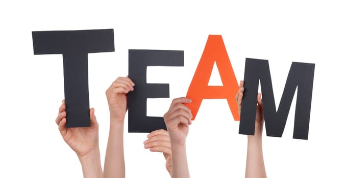 Hands Holding the Black and Orange Letters Team, Isolated