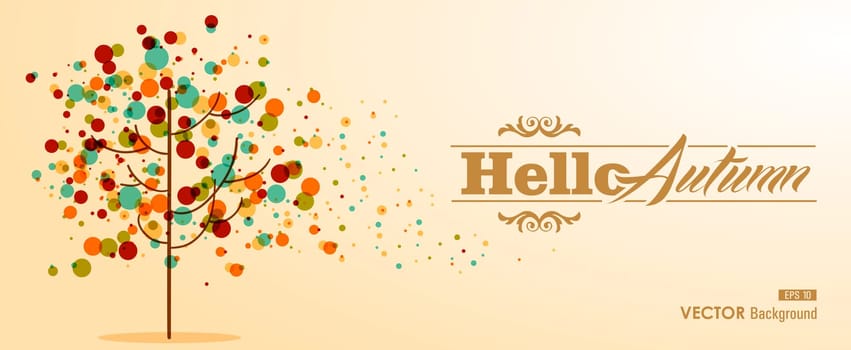 Hello autumn label text with transparent colorful bubbles tree. Useful as invitation or postcard background. EPS10 vector file with transparency for easy editing