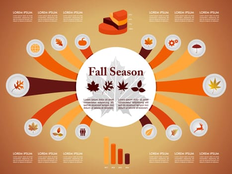 Fall season infographic illustration template. Autumn concept with information graphics elements about weather and seasons related issues. EPS10 Vector file in layers for easy editing.