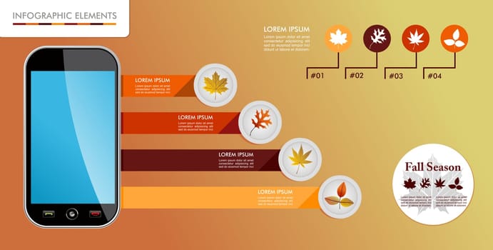 Autumn season infographic illustration template. Concept smart phone app with information graphics elements about weather and seasons related issues. Vector file in layers for easy editing.