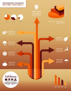 Autumn season infographic illustration template. Concept arrow tree with information graphics elements about weather and seasons related issues. Vector file in layers for easy editing.