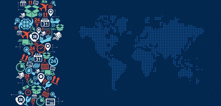 Shipping logistics concept icons splash with world map illustration. Vector file in layers for easy editing.