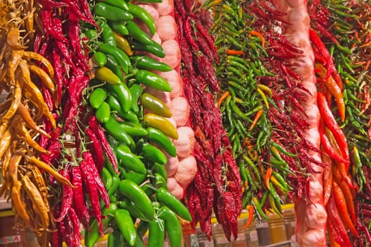Sharp peppers ready to be sold on the market. Horizontally.