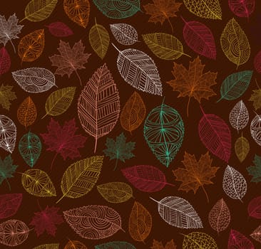 Hand drawn tree leaves seamless pattern background. Fall season concept. EPS10 vector file with transparency for easy editing.