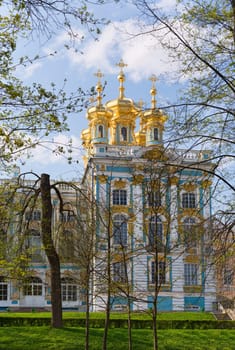 Dome of Russian Orthodox church of Catherine Palace in Petrodvorets, Russia