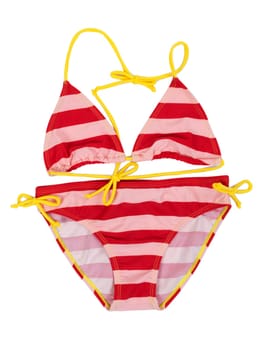 Red striped swimsuit with yellow straps on a white background