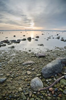Stony coast of Baltic sea early in the morning