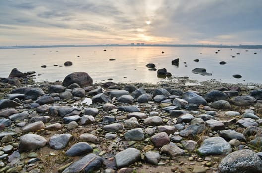 Stony coast of Baltic sea early in the morning