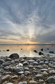 Stony coast of Baltic sea early in the morning