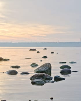 Stony coast of Baltic sea early in the morning