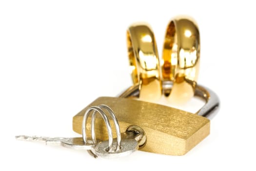 Together forever concept. Padlock with golden rings on white background