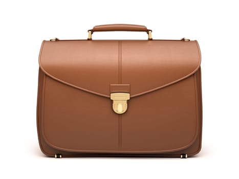 Brown business briefcase isolated on white background. Material - skin. Front view