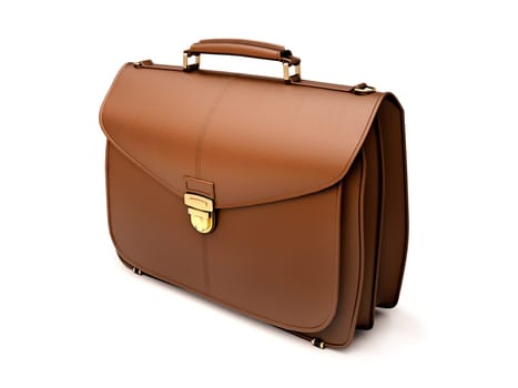 Brown business briefcase isolated on white background. Material - skin