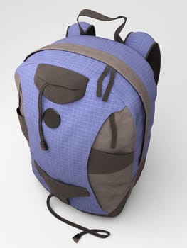 Blue travel backpack close up on a light background