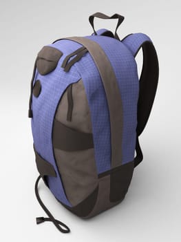 Blue travel backpack close up on a light background