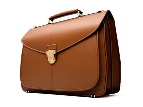 Brown business briefcase isolated on white background. Material - skin