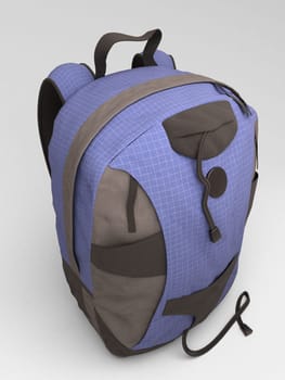 Blue travel backpack close up on a light background