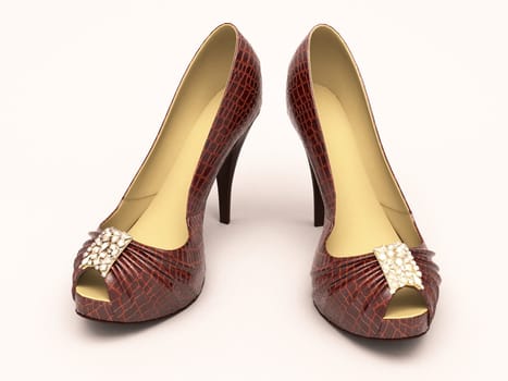 Crocodile leather women's shoes with high heels close up on a light background