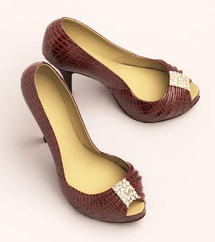 Crocodile leather women's shoes with high heels close up on a light background