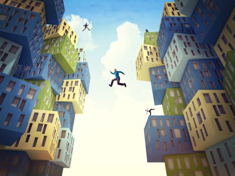 business people jump over abstract building