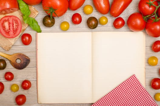 Various tomatoes,basil,cooking spoon,napkin and book with text space