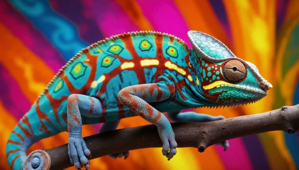 A colorful chameleon is perched on a branch. The bright colors of the lizard and the surrounding environment create a sense of vibrancy and energy