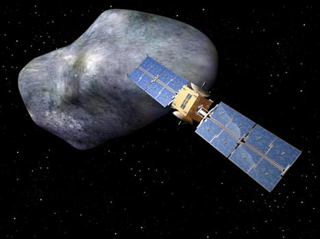 Satellite with large asteroid looming up behind it