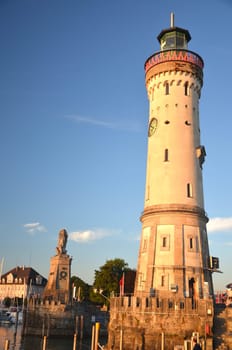 Picturesque view on the entrance of the harbor in Lindau island on Lake Bodensee, Germany