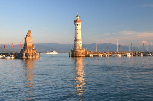 Picturesque view on the entrance of the harbor in Lindau island on Lake Bodensee, Germany