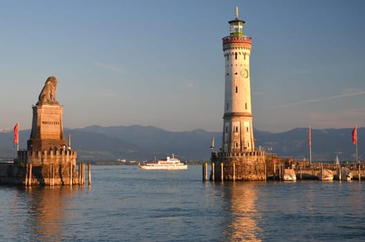Picturesque view on the entrance of the harbor in Lindau island on Lake Bodensee, Germany