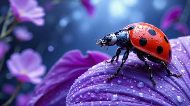 A ladybug is standing on a purple flower. The flower is surrounded by other purple flowers. The ladybug is wet and has black spots