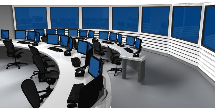 Surveillance control center with several monitors and screens