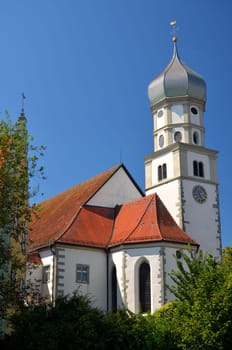 Picturesque view on church in Wasserburg on Lake Bodensee, Germany