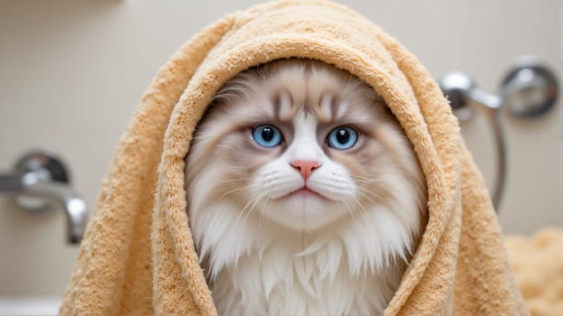 A cat is wrapped in a towel and has blue eyes. The cat appears to be looking at the camera with a curious expression