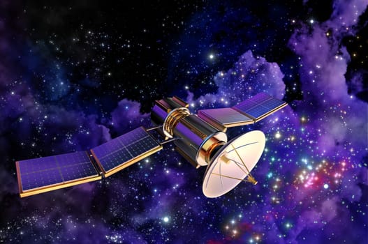 3D model of an artificial satellite of the Earth, equipped solar panels and parabolic satellite communications antenna