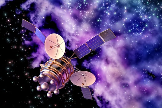 3D model of an artificial satellite of the Earth, equipped solar panels and parabolic satellite communications antenna