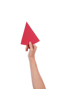 Hand Holds a Red Piece of Paper as Copyspace, Isolated
