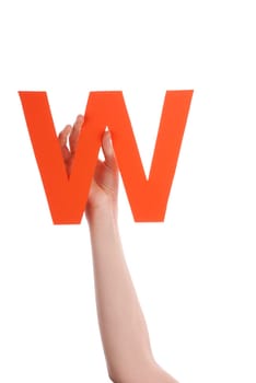 One Caucasian Hand With a Orange W, Isolated